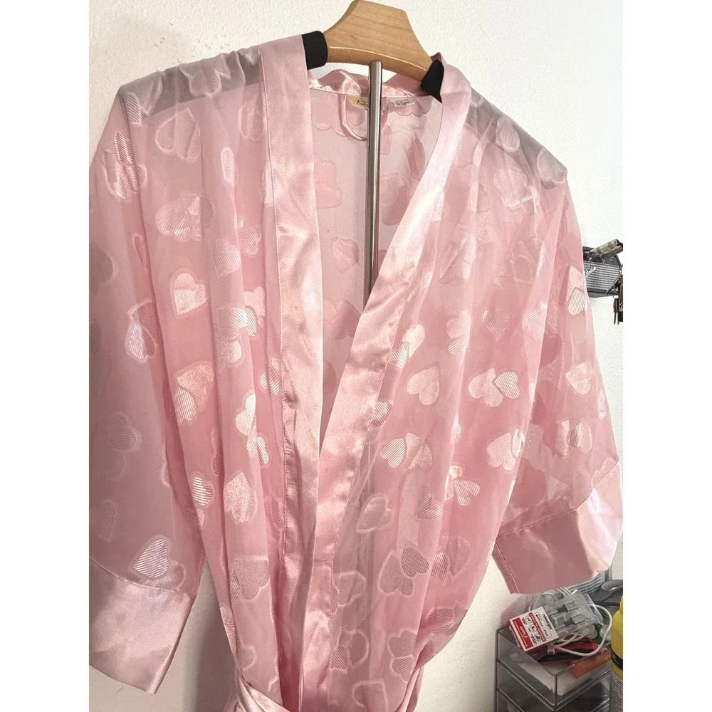 Fredericks of Hollywood Pink Sheer Heart Jacquard Robe Kimono Satin Trim Medium
